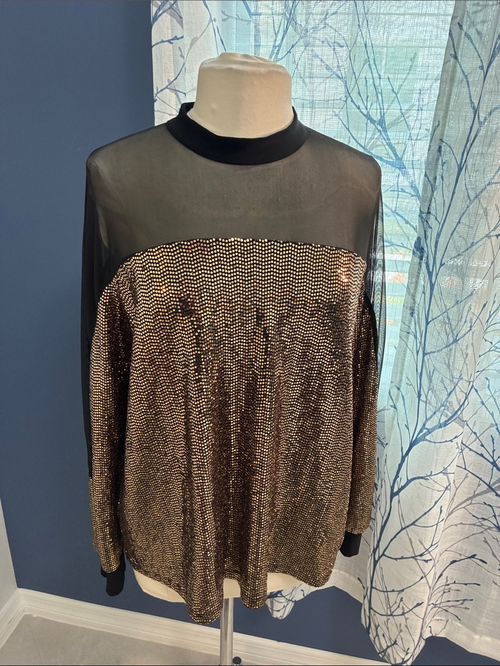 Nine West Metallic Black & Gold Mesh Yoke Long Sleeve Top